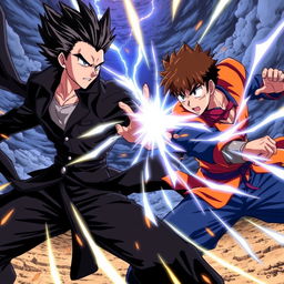 An intense anime scene featuring two male fighters in a dynamic battle