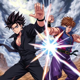 An intense anime scene featuring two male fighters in a dynamic battle