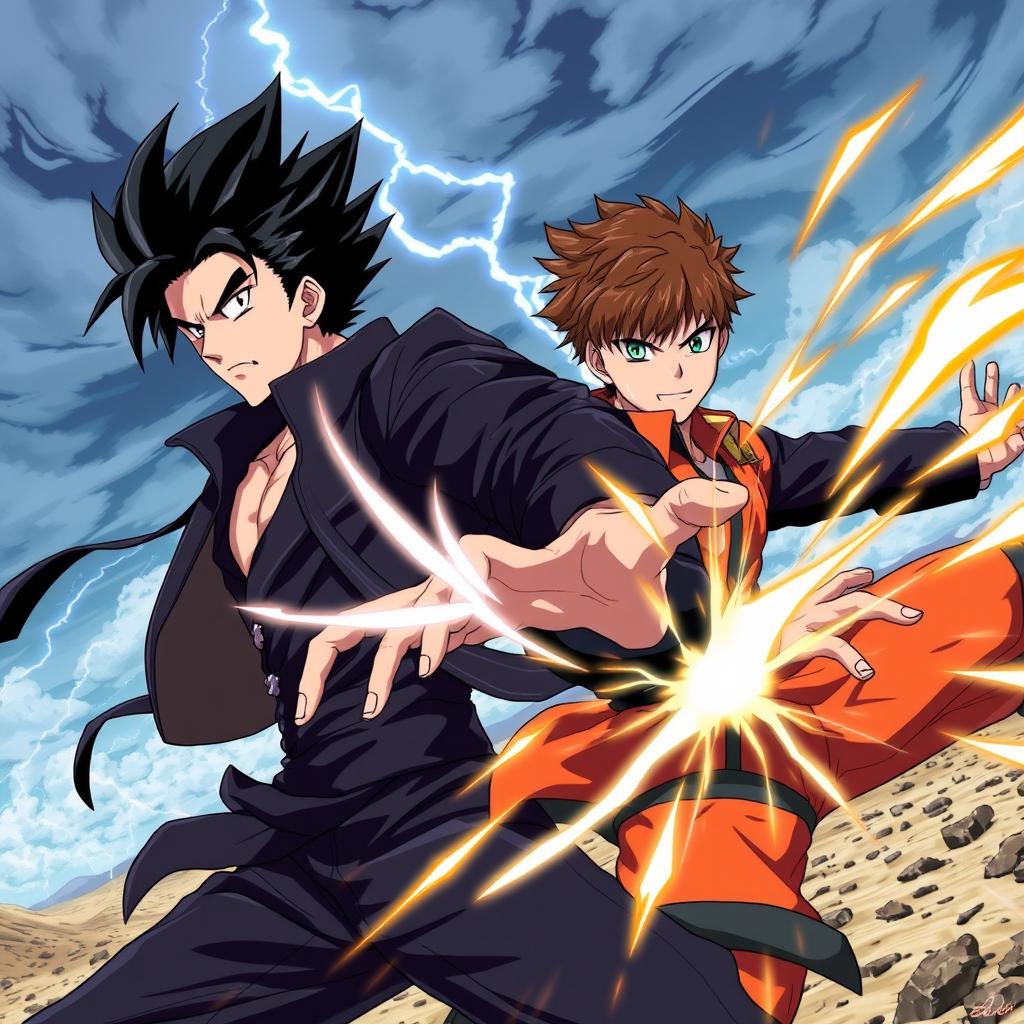 An intense anime scene featuring two male fighters in a dynamic battle