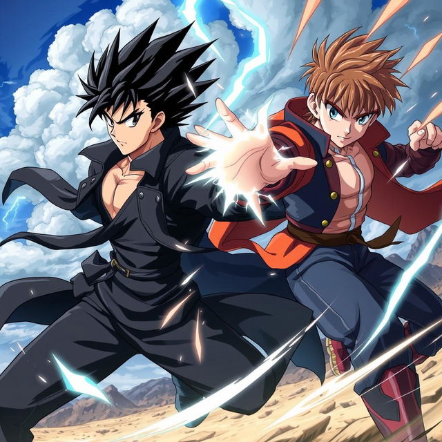 An intense anime scene featuring two male fighters in a dynamic battle