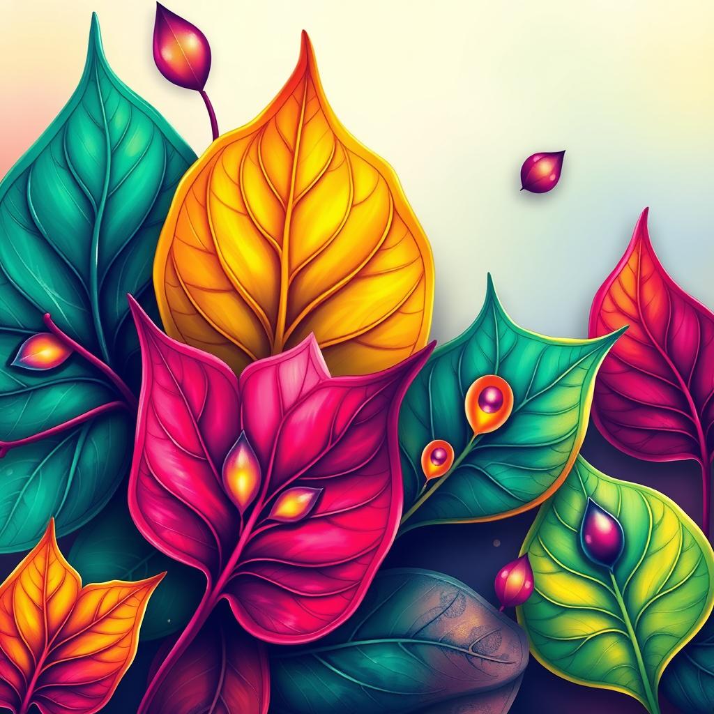 A vibrant and colorful design featuring fantasy leaves, ideal for t-shirt printing