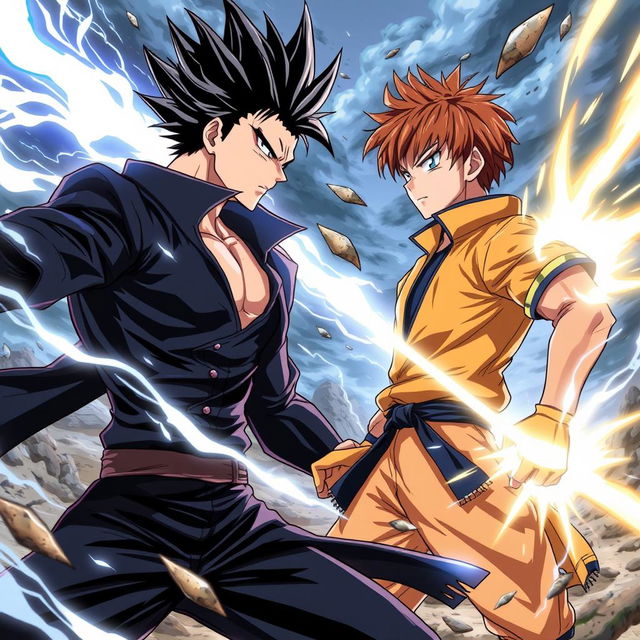 An electrifying anime style scene showcasing a fierce battle between two male warriors