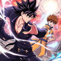 An electrifying anime style scene showcasing a fierce battle between two male warriors