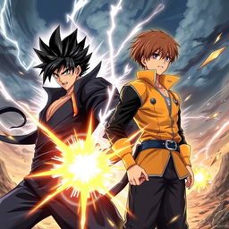 An electrifying anime style scene showcasing a fierce battle between two male warriors
