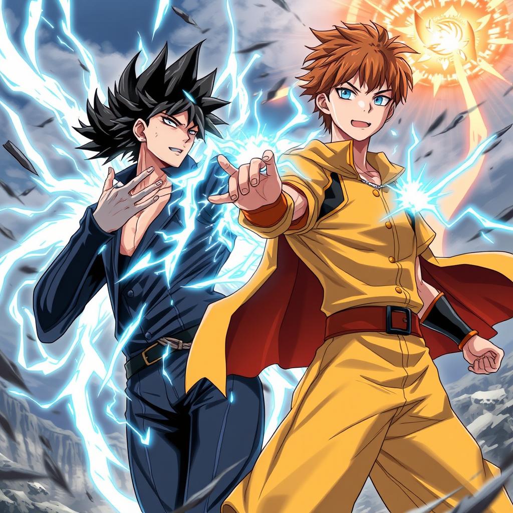 An electrifying anime style scene showcasing a fierce battle between two male warriors