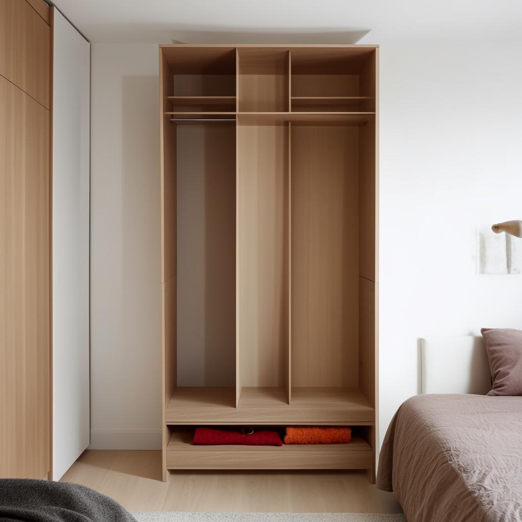 A compact but stylish TV unit designed for a small bedroom, alongside a designer wardrobe for clothes. The layout should maximise space efficiency and functionality.