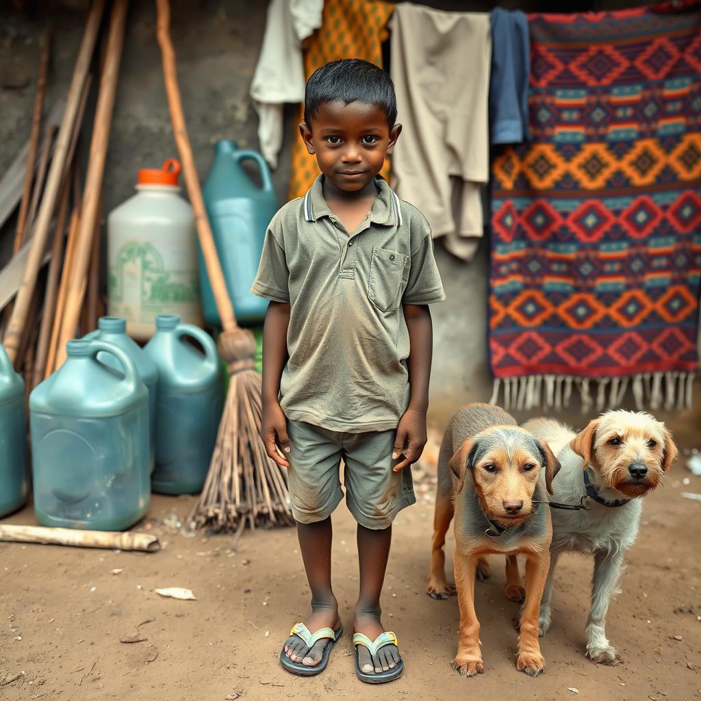 A young boy in a worn-out polo shirt and dirty flip-flops standing in a rustic outdoor setting