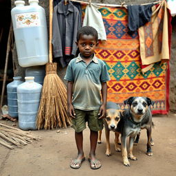 A young boy in a worn-out polo shirt and dirty flip-flops standing in a rustic outdoor setting