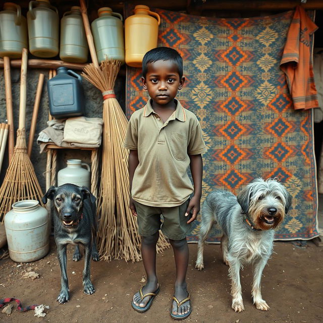 A young boy in a worn-out polo shirt and dirty flip-flops standing in a rustic outdoor setting