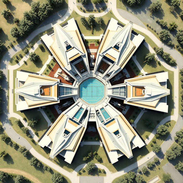 A detailed architectural plan of a sports complex designed in the shape of a snowflake