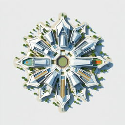 A detailed architectural plan of a sports complex designed in the shape of a snowflake