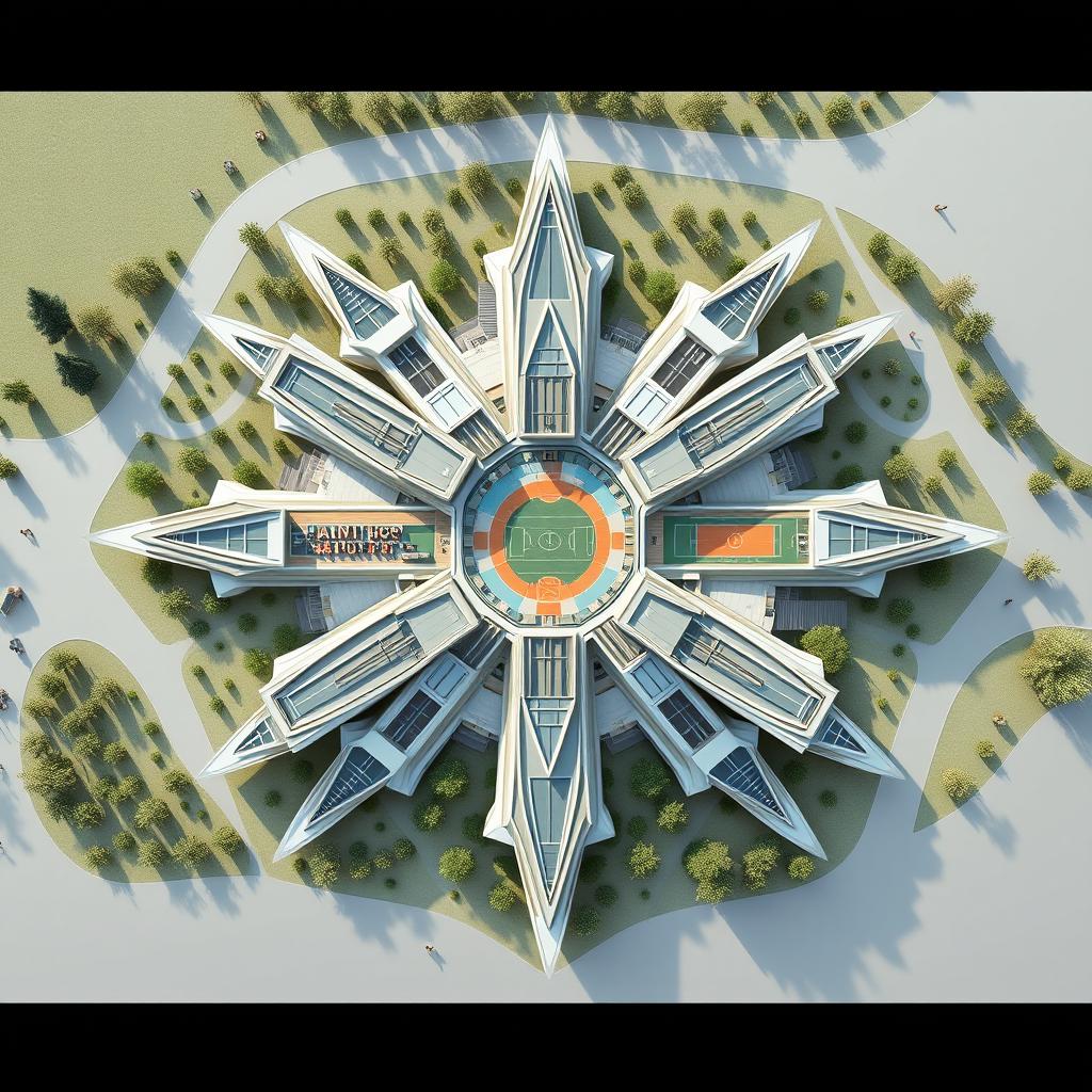 A detailed architectural plan of a sports complex designed in the shape of a snowflake