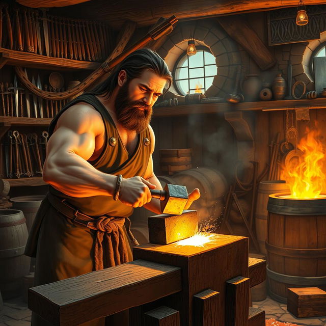 A skilled medieval blacksmith at work in a bustling forge, surrounded by tools of the trade