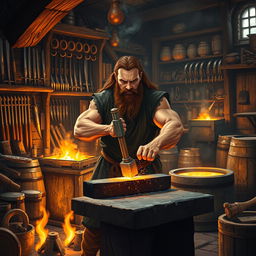 A skilled medieval blacksmith at work in a bustling forge, surrounded by tools of the trade