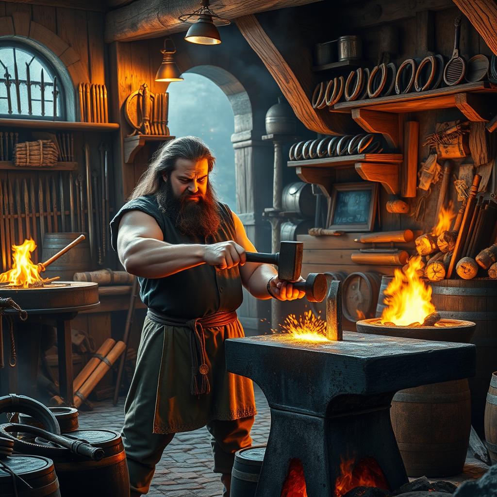 A skilled medieval blacksmith at work in a bustling forge, surrounded by tools of the trade