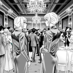 A gala party scene with two identical characters gazing at each other from a distance, dressed in elegant formal attire that matches the provided images