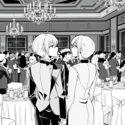 A gala party scene with two identical characters gazing at each other from a distance, dressed in elegant formal attire that matches the provided images