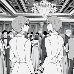 A gala party scene with two identical characters gazing at each other from a distance, dressed in elegant formal attire that matches the provided images