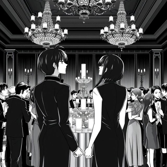 A gala party scene with two identical characters gazing at each other from a distance, dressed in elegant formal attire that matches the provided images