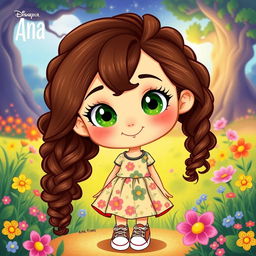 A vibrant and whimsical illustration featuring a cute and captivating girl named Ana, depicted in a Disney Pixar style