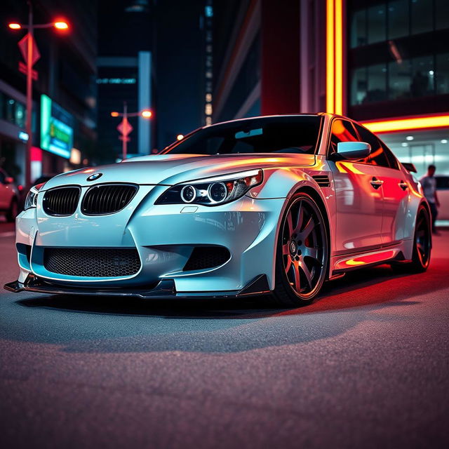 A stunning BMW E60 with an aggressive wide body kit, featuring flared fenders and enhanced aerodynamics