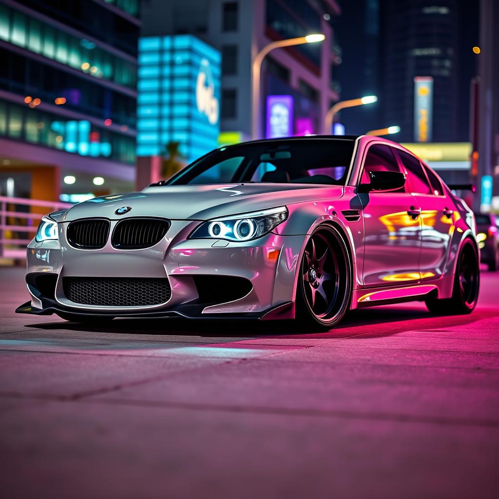 A stunning BMW E60 with an aggressive wide body kit, featuring flared fenders and enhanced aerodynamics