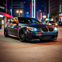 A stunning BMW E60 with an aggressive wide body kit, featuring flared fenders and enhanced aerodynamics