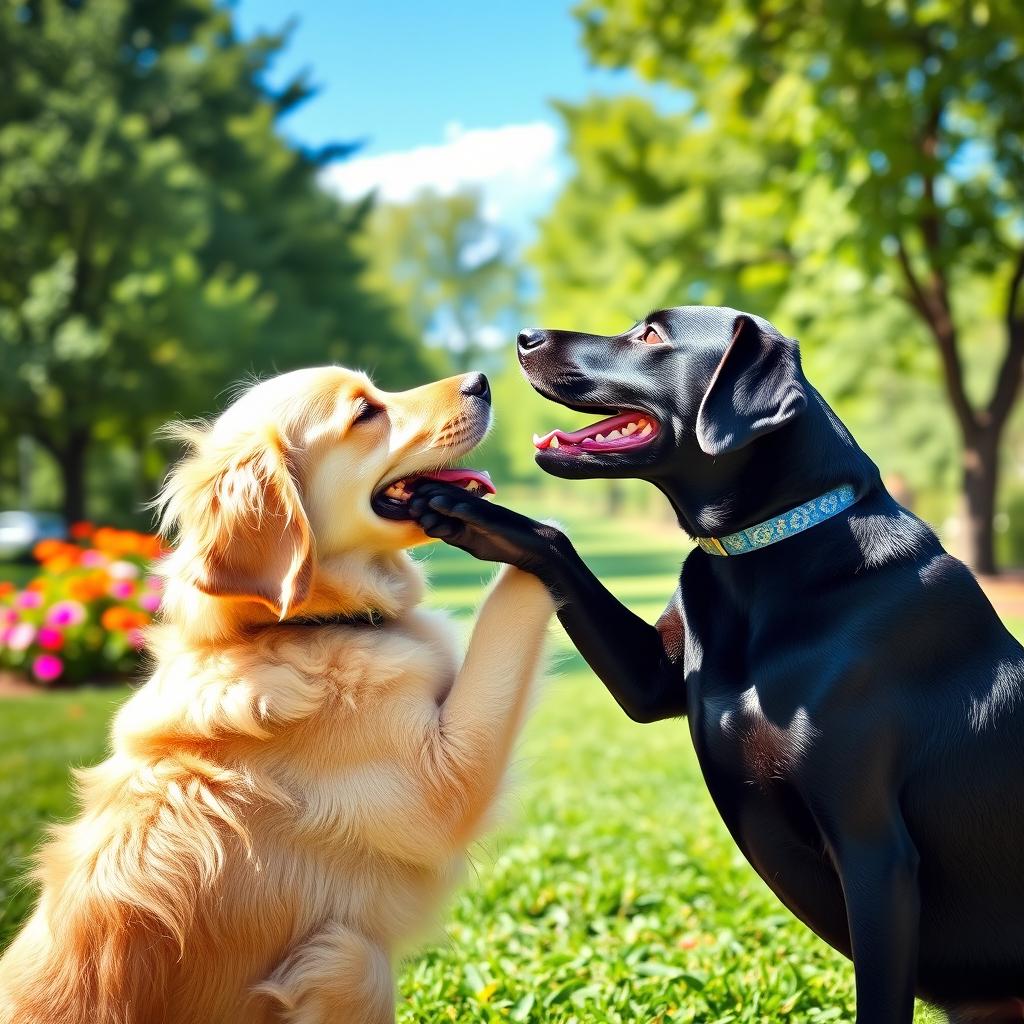 Two dogs in a playful and friendly interaction where one dog has its paw around the neck of the other dog