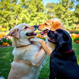Two dogs in a playful and friendly interaction where one dog has its paw around the neck of the other dog