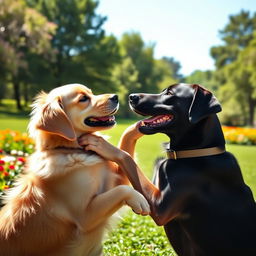 Two dogs in a playful and friendly interaction where one dog has its paw around the neck of the other dog