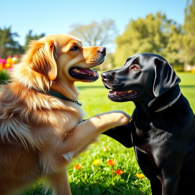 Two dogs in a playful and friendly interaction where one dog has its paw around the neck of the other dog