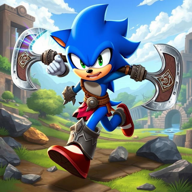 An incredible fusion character that combines elements of Sonic the Hedgehog and Kratos from God of War