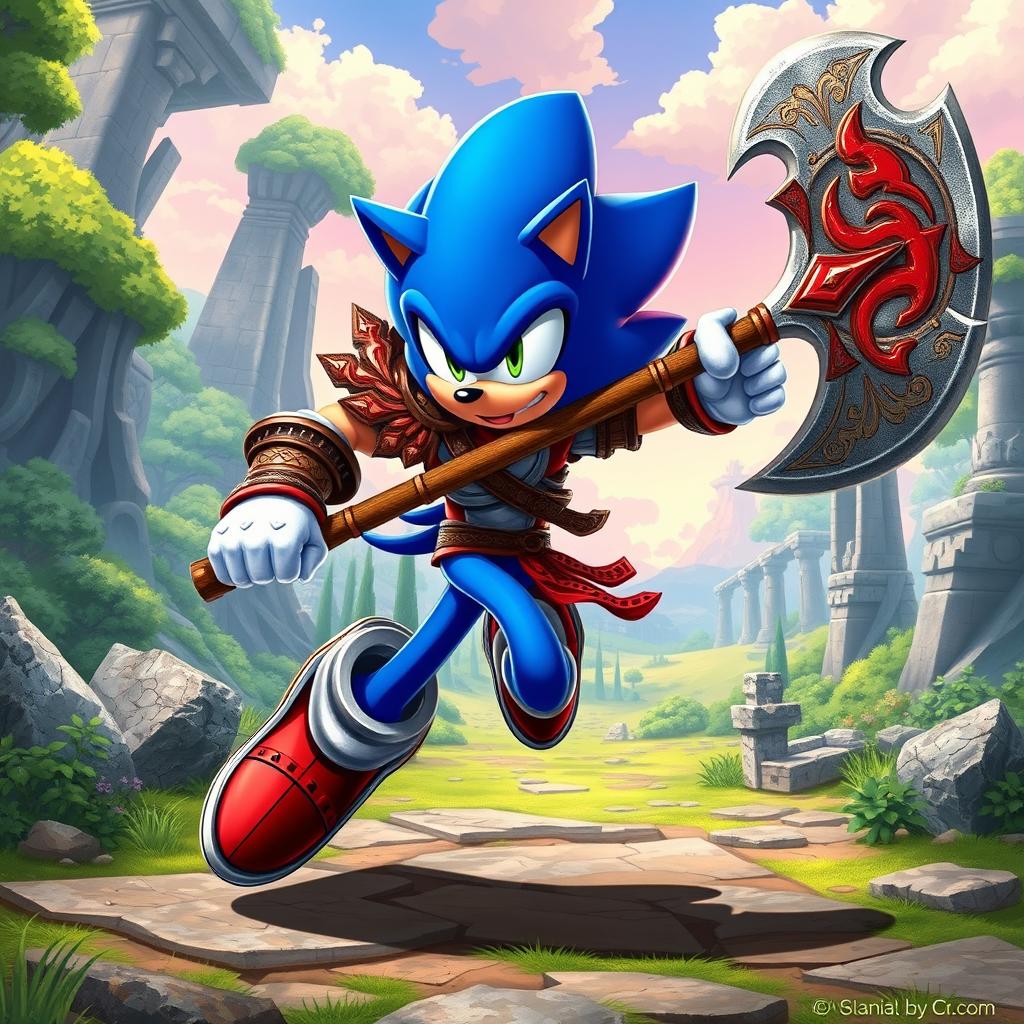 An incredible fusion character that combines elements of Sonic the Hedgehog and Kratos from God of War