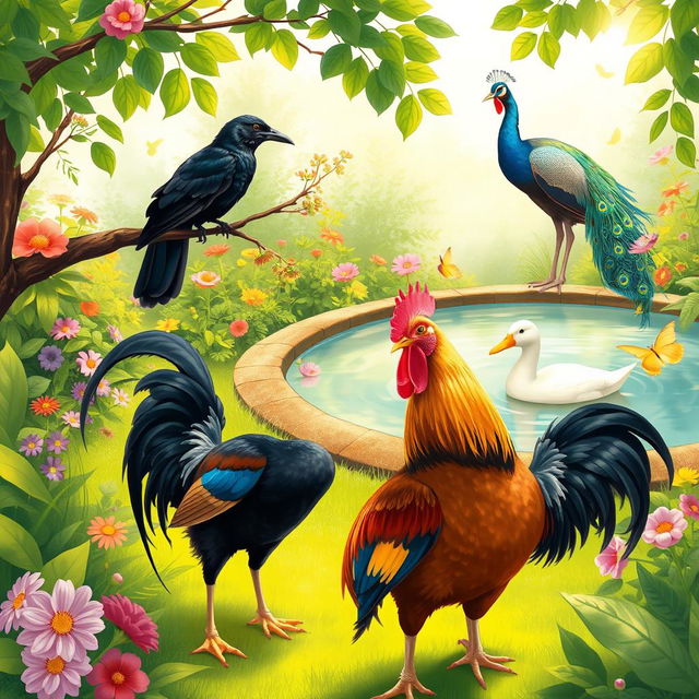 A beautifully illustrated scene featuring a crow perched on a branch, a majestic peacock displaying its vibrant plumage, a serene duck swimming in a tranquil pond, and a proud rooster standing confidently in the foreground