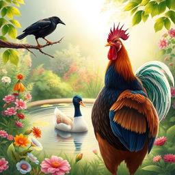 A beautifully illustrated scene featuring a crow perched on a branch, a majestic peacock displaying its vibrant plumage, a serene duck swimming in a tranquil pond, and a proud rooster standing confidently in the foreground