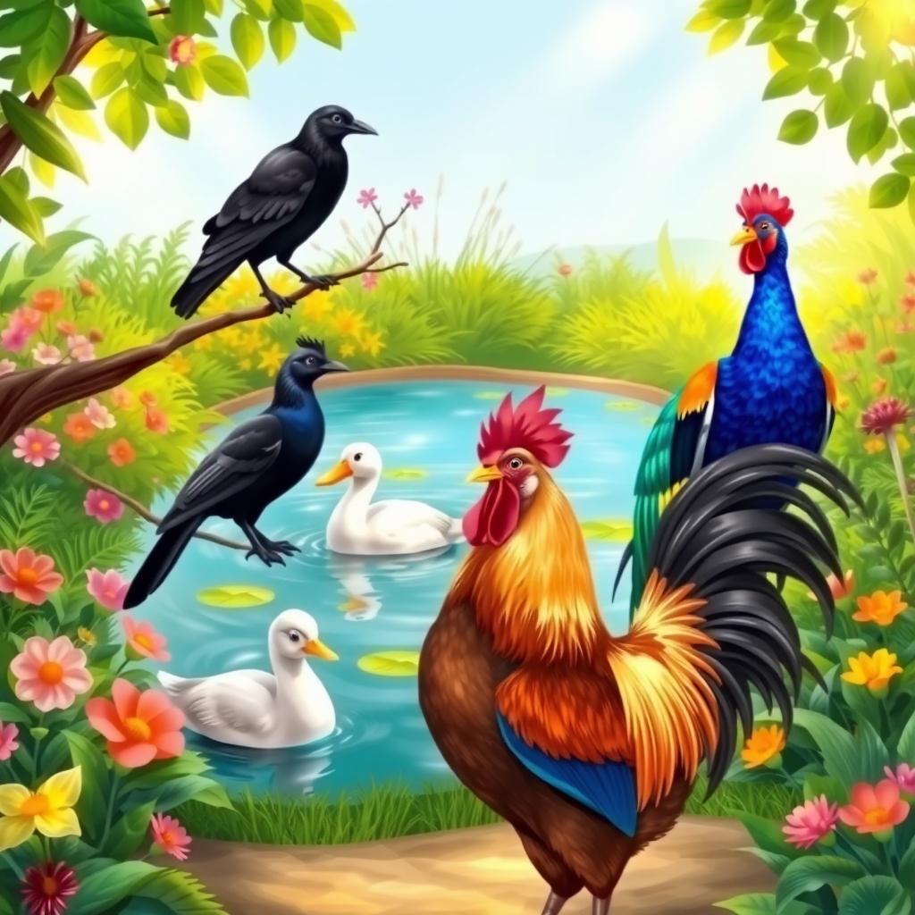 A beautifully illustrated scene featuring a crow perched on a branch, a majestic peacock displaying its vibrant plumage, a serene duck swimming in a tranquil pond, and a proud rooster standing confidently in the foreground