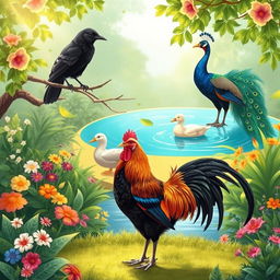 A beautifully illustrated scene featuring a crow perched on a branch, a majestic peacock displaying its vibrant plumage, a serene duck swimming in a tranquil pond, and a proud rooster standing confidently in the foreground