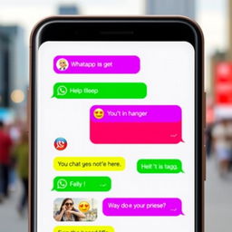 A modern smartphone displaying the WhatsApp interface with chat bubbles, featuring vibrant colors and user-friendly design