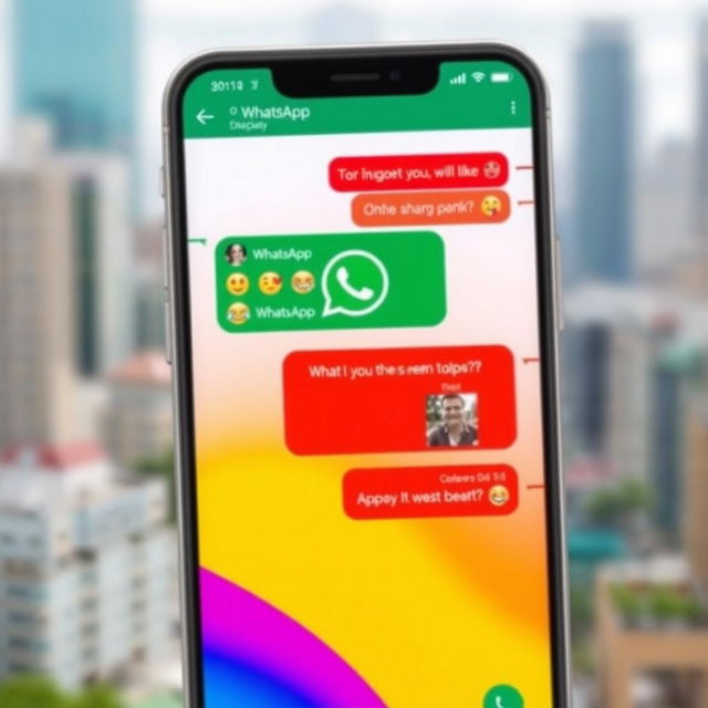 A modern smartphone displaying the WhatsApp interface with chat bubbles, featuring vibrant colors and user-friendly design