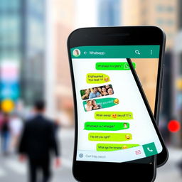 A modern smartphone displaying the WhatsApp interface with chat bubbles, featuring vibrant colors and user-friendly design