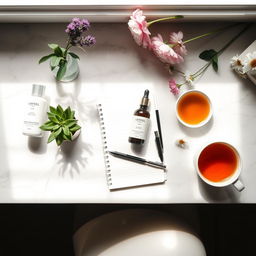 A chic and stylish flat lay image showcasing beauty and health products on a light marble countertop