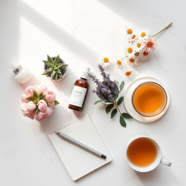 A chic and stylish flat lay image showcasing beauty and health products on a light marble countertop