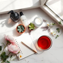 A chic and stylish flat lay image showcasing beauty and health products on a light marble countertop