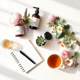 A chic and stylish flat lay image showcasing beauty and health products on a light marble countertop