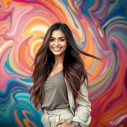 A striking portrait of a stylish woman with long flowing hair, dressed in a fashionable outfit