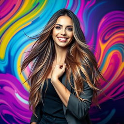 A striking portrait of a stylish woman with long flowing hair, dressed in a fashionable outfit