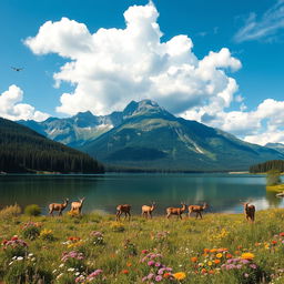A breathtaking landscape scene showcasing a serene mountain range under a clear blue sky, with fluffy white clouds drifting lazily