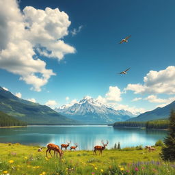 A breathtaking landscape scene showcasing a serene mountain range under a clear blue sky, with fluffy white clouds drifting lazily