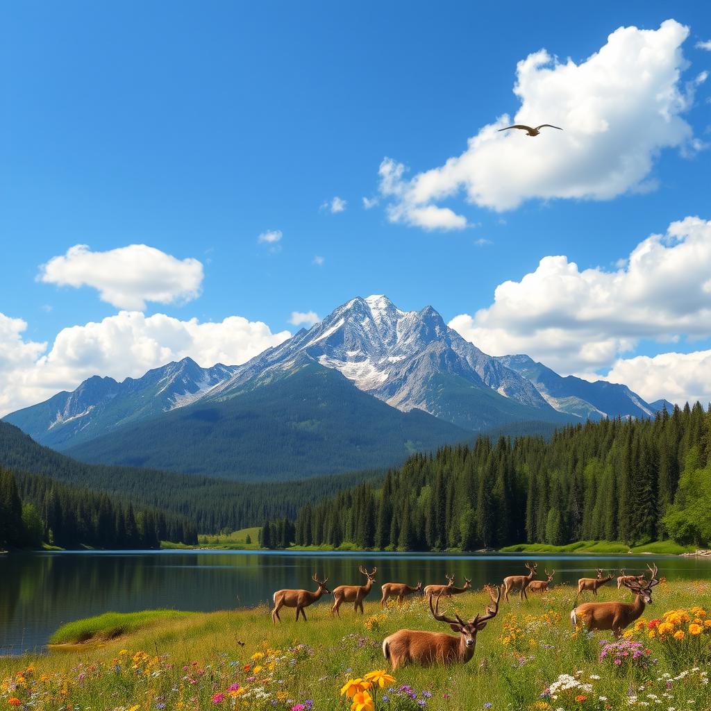 A breathtaking landscape scene showcasing a serene mountain range under a clear blue sky, with fluffy white clouds drifting lazily