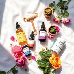 A vibrant and visually appealing flat lay image featuring an assortment of beauty and health products arranged aesthetically